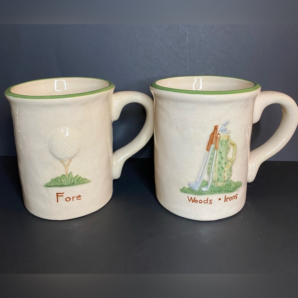 Two Russ Berry Crazing Vintage Woods Irons Fore Ceramic Heavy Coffee Golf Mug